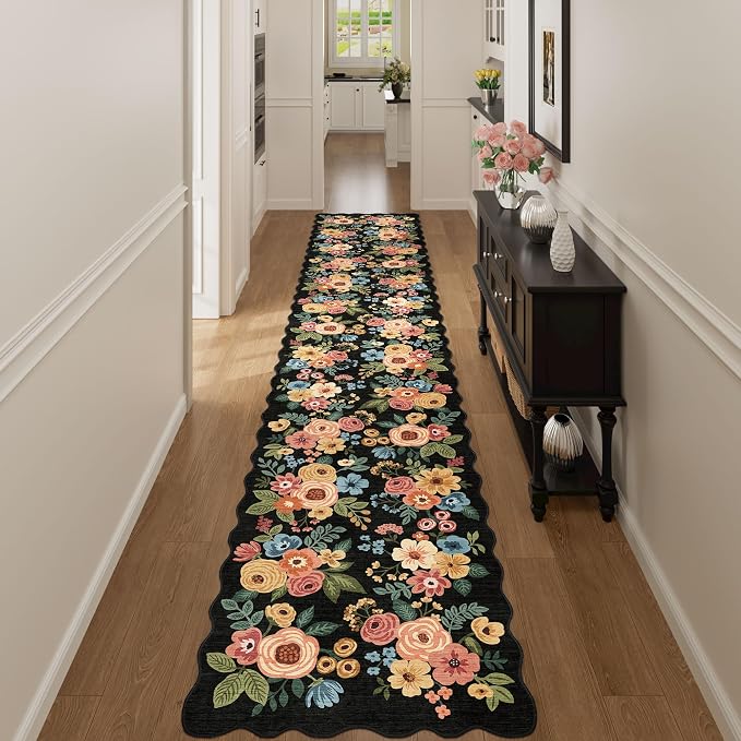 DUKINO 2.6x14 Runner Rug, Floral Washable Rug for Hallway Non Slip, Black | Soft, Low Pile, Non-Shedding Long Runner Rugs for Kitchen, Entryway, Bedroom, Bathroom, Pet Friendly, Home Decor, Ultra-Thin