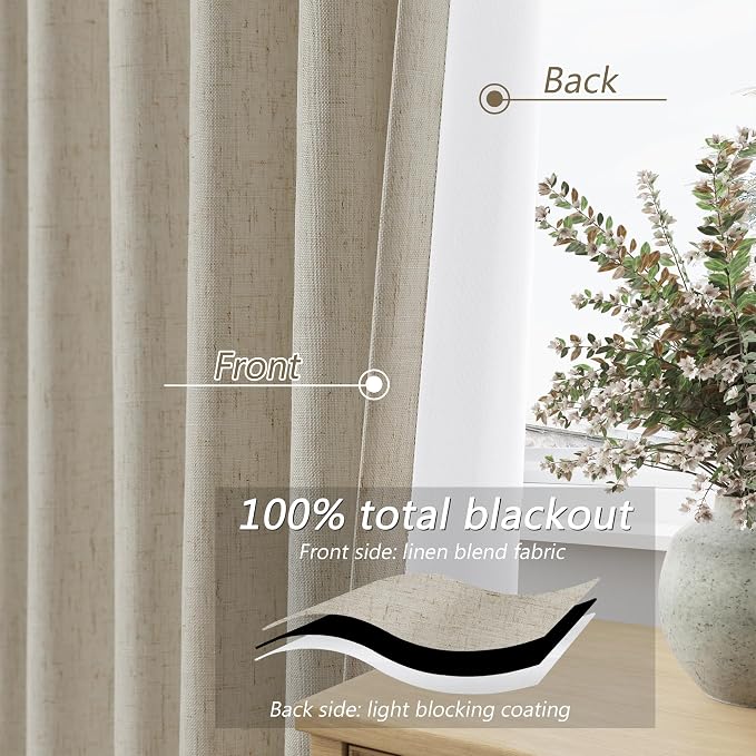 Guken 100% Blackout Linen Curtains for Bedroom 84 inches Long, Thermal Insulated Room Darkening Black Out Drapes for Living Room, Back Tab Rod Pocket 2 Panels Set,Ecru,52x84