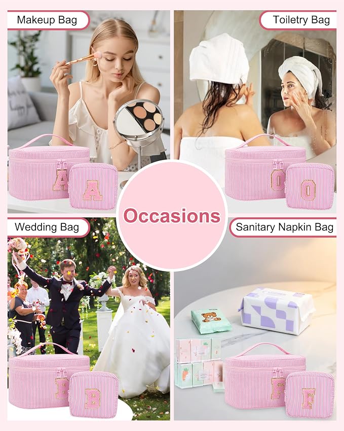 MONSTINA Monogram Cosmetic Bag with Brush Holder,Gifts for Girls Teen Girls-Initial Makeup Bag|Personalized Gifts for Women Friends|Cute Toiletry Make Up Traveling Stuff Organizer 2PCS Pink D