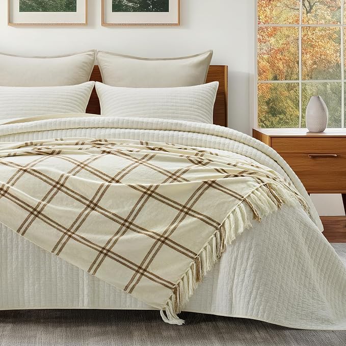 Plaid Chenille Knit Throw Blanket, 50"x60", Cream & Beige | Soft Knitted Throw with Tassels, Cozy, Lightweight, Windowpane Grid Plaid, Decorative Farmhouse Throw for Couch Bed Sofa Gift