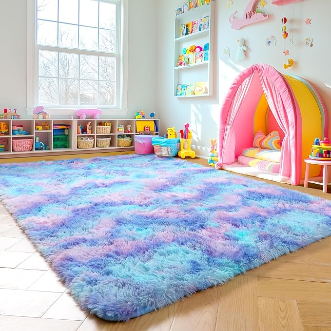 Amdrebio Purple Rainbow Mermaid Rugs 8x10 for Girls Bedroom Decor Aesthetic, Soft Plush Fluffy Kawaii Area Rugs for Kids Room Nursery Playroom Classroom, Large Cute Fuzzy Furry Baby Toddler Carpet