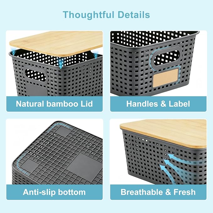 Small Plastic Storage Bins with Bamboo Lids 5.2qt Stackable Box Basket Pantry Decorative Containers Cute with Lable for Organizing Desktop Closet Office Gray of 6 packs 10 * 7.2 * 4.1"