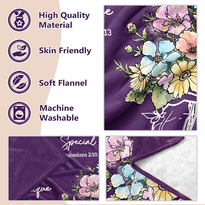 Christian Birthday Gifts for Women, Christmas Religious Gifts for Women | Baptism Religious Christmas Spiritual Gifts for Grandma Nana Mom Sister, Throw Blankets with Flowers, 60''x 50'', Deep Purple