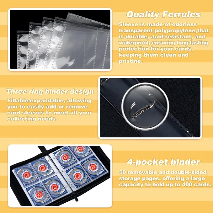 Jravkfi 4 Pocket Trading Card Binder,400 Pockets Trading Card Collection Book with Sleevese,3-ring Zipper Sports Card Album with 50 Removable Double-Sided Card Holder (Black)