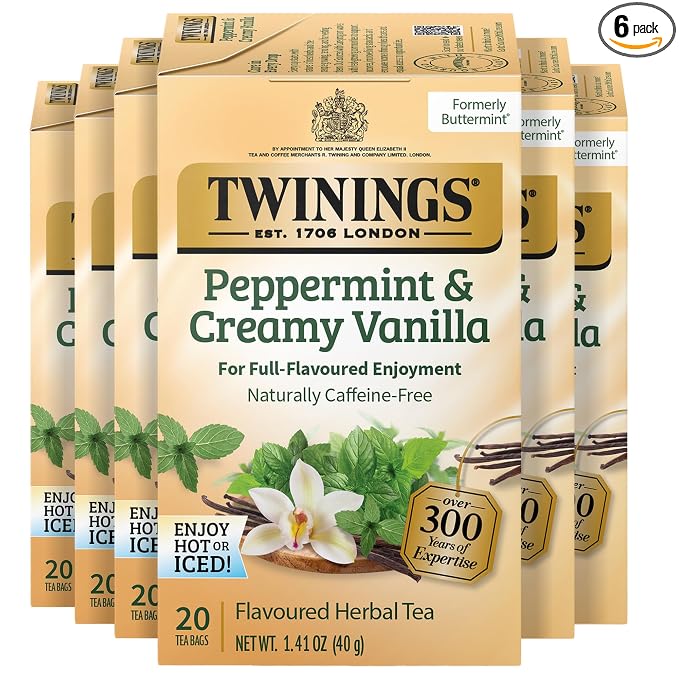 Twinings Peppermint & Creamy Vanilla Herbal Tea Individually Wrapped Bags, 20 Count (Pack of 6), Formerly Buttermint, Naturally Caffeine-Free, Enjoy Hot or Iced, 120 Teabags
