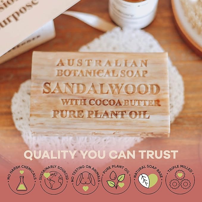 Australian Botanical Soap Sandalwood with Cocoa Butter – Triple Milled 6.6 oz Bar Soap with Shea Butter, Face Hand & Body Soap Bars, Pack of 6
