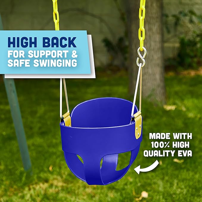 Squirrel Products High Back Full Bucket Toddler Swing Seat with Plastic Coated Chains - Swing Set Additions & Replacements - Outdoor Play Equipment - Blue