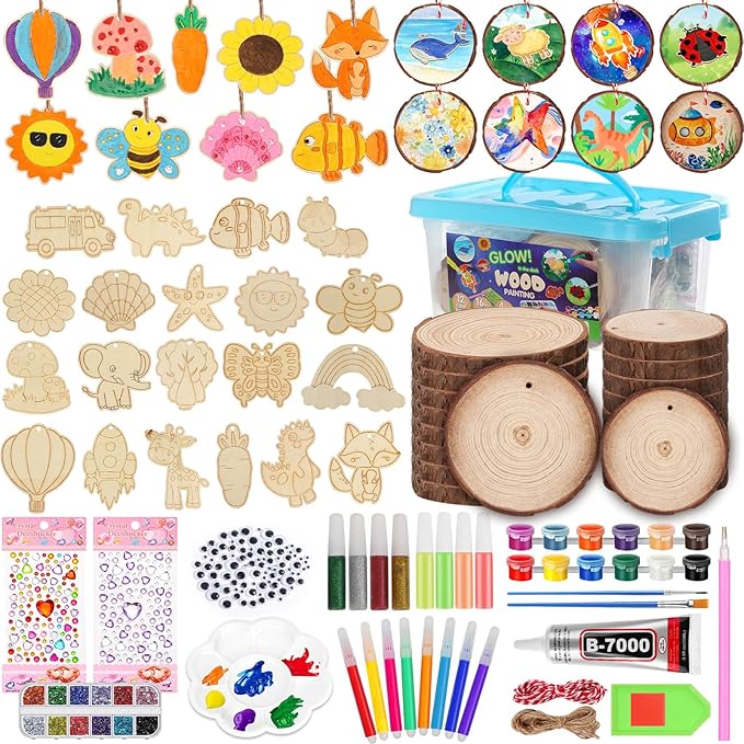 Natural Wooden Slices Painting Craft Kit, 16PCS Unfinished Wood Slices & 20Pcs Unfinished Wooden Ornaments, DIY Glow in The Dark Christmas Ornaments Craft for Decorations