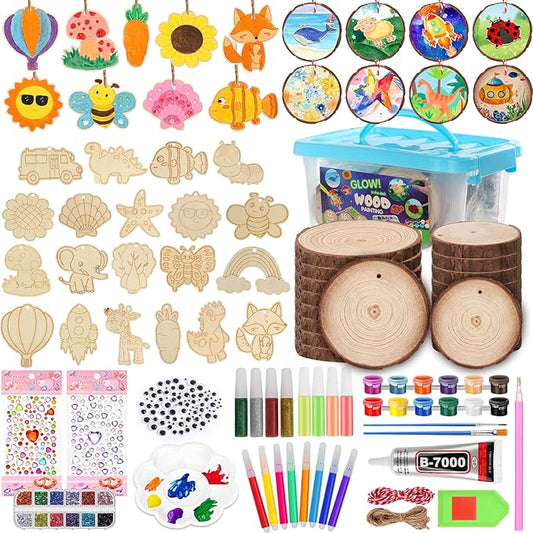 Natural Wooden Slices Painting Craft Kit, 16PCS Unfinished Wood Slices & 20Pcs Unfinished Wooden Ornaments, DIY Glow in The Dark Christmas Ornaments Craft for Decorations