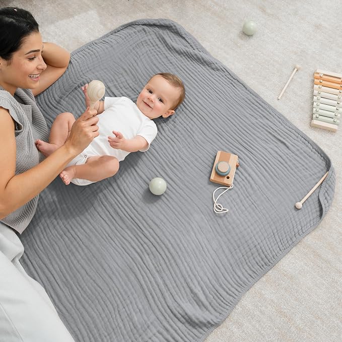 Comfy Cubs Muslin Baby Blanket 40" x 40" L - Swaddle Blankets, Heather Blue | Soft, Lightweight, 6-Layer Cotton Breathable Baby Blankets - Comfortable, Gentle & Versatile Cotton Baby Blankets for Sleep