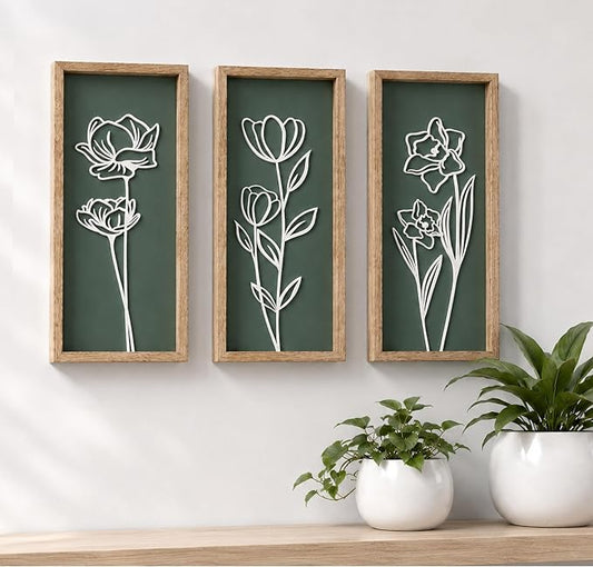 3D Floral Green Wall Art (Set of 3) Lightweight, Wooden Ready-to-Hang Boho Framed Wall Art for Bathroom, Master Bedroom, Living Room or Office - Premium Sage Green Farmhouse Decor - Gift-Boxed