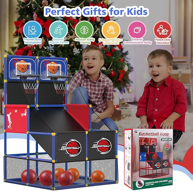 M SANMERSEN Kids Double Basketball Hoop Arcade Game Set with 6 Balls Electronic Scoreboard LED Light, Indoor & Outdoor Play, Birthday/Halloween for 3-8 Year Old Boy and Girl