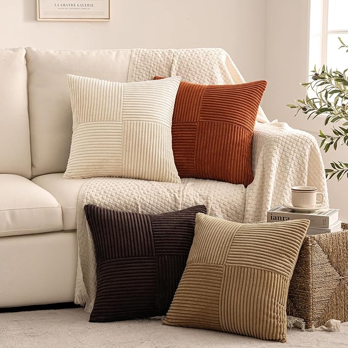 MIULEE Brown Beige Throw Pillow Covers 20x20 Inch Set of 4 Boho Farmhouse Cushion Cases for Livingroom Couch Bed Soft Corduroy Pillow Cases with Invisible Zipper Home Decor