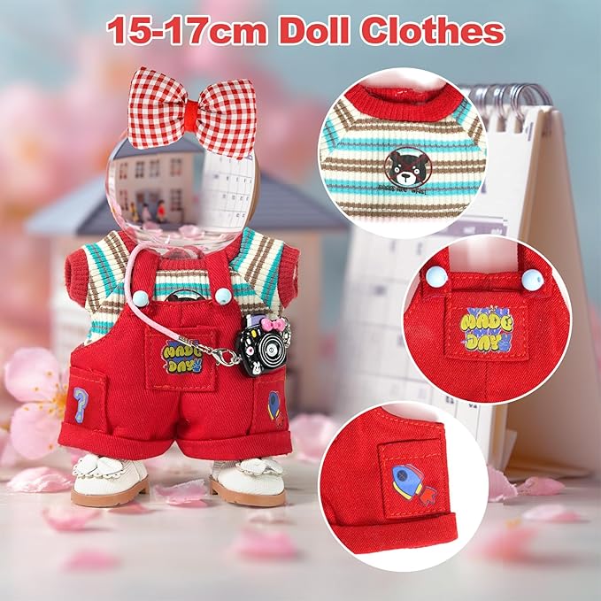 17cm Doll Clothes Set-6 Pcs Outfit Set -Cool Style Accessories for 17cm Dolls Clothing-Sweater+Cool Overalls+Small Camera+Shoes (NO Doll)