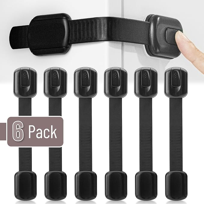 Bates- Child Safety Strap Locks, 6 Pack, Black Baby Cabinet Locks, Toilet Locks Baby Proof, Child Proof Drawer Locks, Cabinet Baby Locks for Cabinets, Child Proof Cabinet Locks, Drawer Child Locks