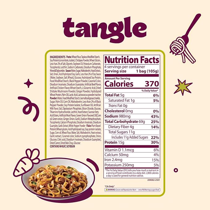Tangle Bulgogi Alfredo Instant Pasta, 15g Protein Fettuccine, 4g Fiber 4pk | 15g protein, 4g fiber per serving; Chickpea-based air-dried noodle; Sweet-savory bulgogi meets creamy alfredo; Ready in 5min