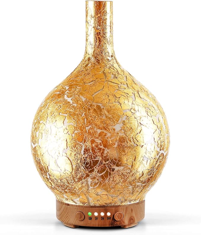Porseme Gold Plated Essential Oil Diffuser Glass Aromatherapy Ultrasonic Humidifier, Auto Shut-Off,Timer Setting, BPA Free,Aroma Decoration for Home,Office,Gym,Spa,Premium Gift 150ml