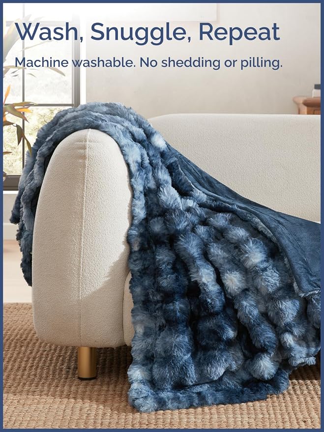 3D Fleece Bubble Blanket King - Rabbit Blanket - 90" x 108", Marble Blue | Soft Fluffy Faux Fur Blanket for Couch Sofa & Chair, Cozy Gifts for Women, Tie Dye Cloud Throw Bed Cover, Thick Plush Bedding