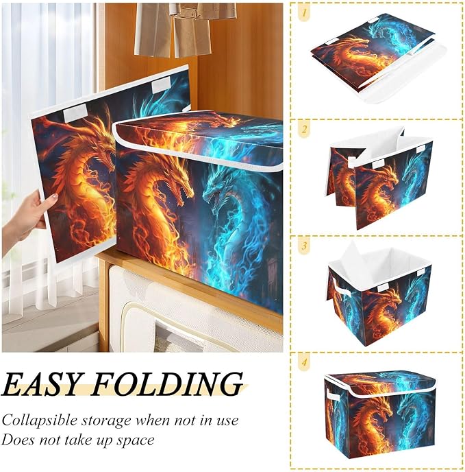 Fire and Ice Dragon Storage Bins with Lids and Carrying Handle,Foldable Storage Boxes Organizer Containers Baskets Cube with Cover for Home Bedroom Closet Office