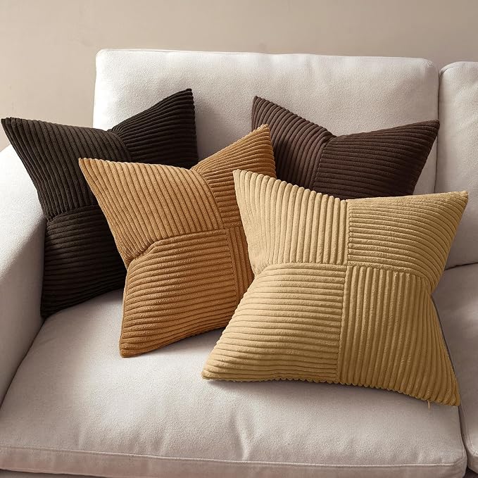 MIULEE Boho Decorative Throw Pillow Covers 18x18 Set of 4 Farmhouse Neutral Cushion Cases Gradient Corduroy Pillow Cases Modern Soft Corduroy Patchwork Home Decor for Couch Sofa Bedroom Camel Brown