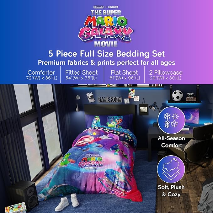 The Super Mario Galaxy Movie Bedding Set, Full Size 5 Piece Kids Super Soft Cozy Reversible Comforter and Sheet Set, (Officially Licensed Product) By Franco | Durable, Reversible, Officially Licensed