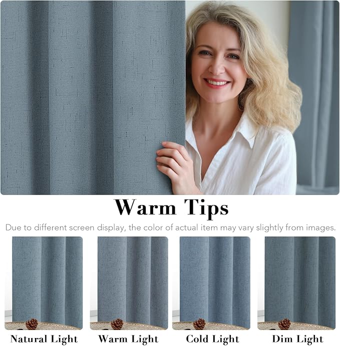 H.VERSAILTEX Primitive Linen Curtains 100% Blackout Curtain Drapes Burlap Curtains with White Thermal Insulated Liner, Grommet Top Drapes Living Room/Bedroom (2 Panels, 42 x 45 Inch, Stone Blue)