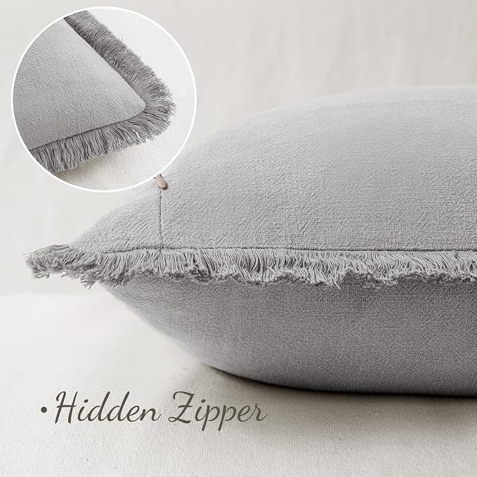 MIULEE Boho Linen Fringe Decorative Throw Pillow Covers Light Grey 18x18 | Set of 2, Cottagecore Decor, Boho Farmhouse Neutral Pillow Covers, Rustic Couch Cushion Cases for Sofa Bed Living Room