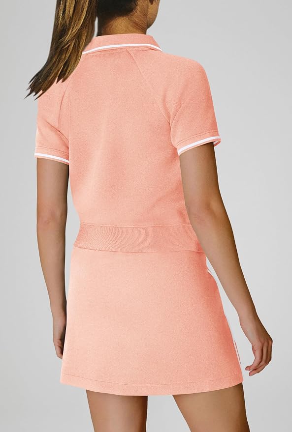 Womens Workout Sets 2 Piece Outfits V Neck Short Sleeve Polo Shirt and Tennis Skort Set with Pockets