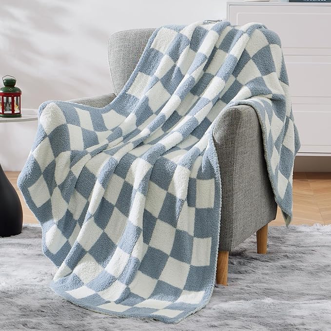 Soft Twin Size Checkered Blanket for Bed-Cozy Knitted Blankets | Lightweight Fluffy Warm Decor for Women, Mom, Her & Girls, Sofa, Chair, Couch, 60x80in,Grey Blue
