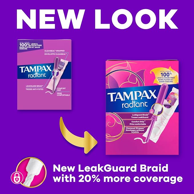 Tampax Radiant Tampons Multipack, #1 Tampon Brand, with LeakGuard Braid, Regular/Super Absorbency, Up to 100% Leak and Odor Free Protection, Unscented, 38 Count