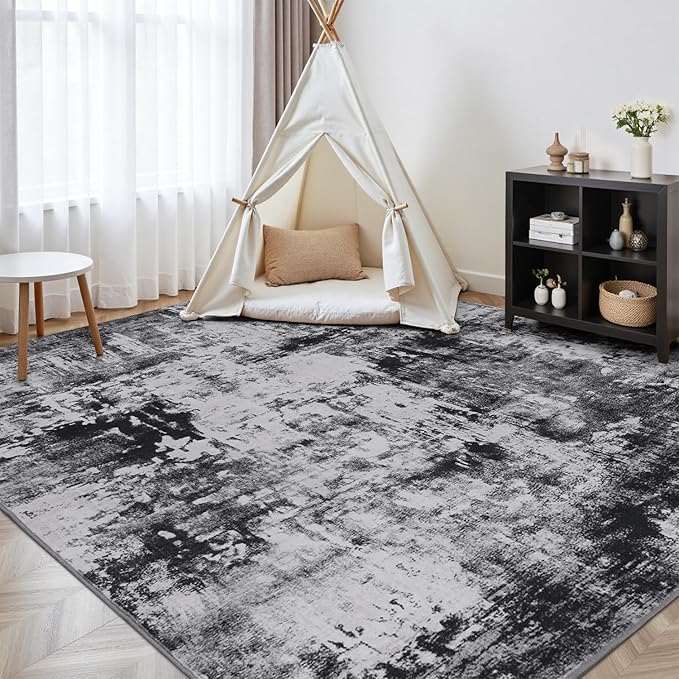 Rugflix 9x12 Area Rugs for Living Room, Washable Black Grey Dark Large Rug | Machine Washable; Stain-Resistant; Low Pile; Non-Slip; Modern Abstract; Carpet for Bedroom Dining Office Nursery Home