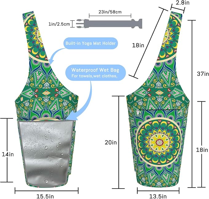 Mandala Yoga Mat Bag with Large Waterproof Zipper Pocket and Drawstring Pocket Long Tote Yoga Mat Carrier Holder Bags Fit Most Size Mats