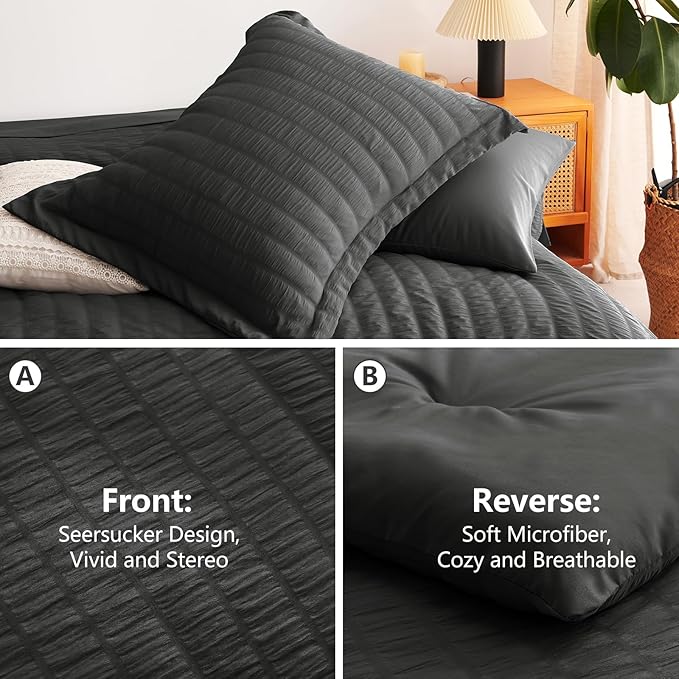 CozyLux California King Comforter Set with Sheets 7 Pieces, Dark Grey Seersucker Bed in a Bag Cal King Luxury Soft Bedding Sets with Down Alternative Comforter, Sheets, Pillowcases & Shams, Dark Gray