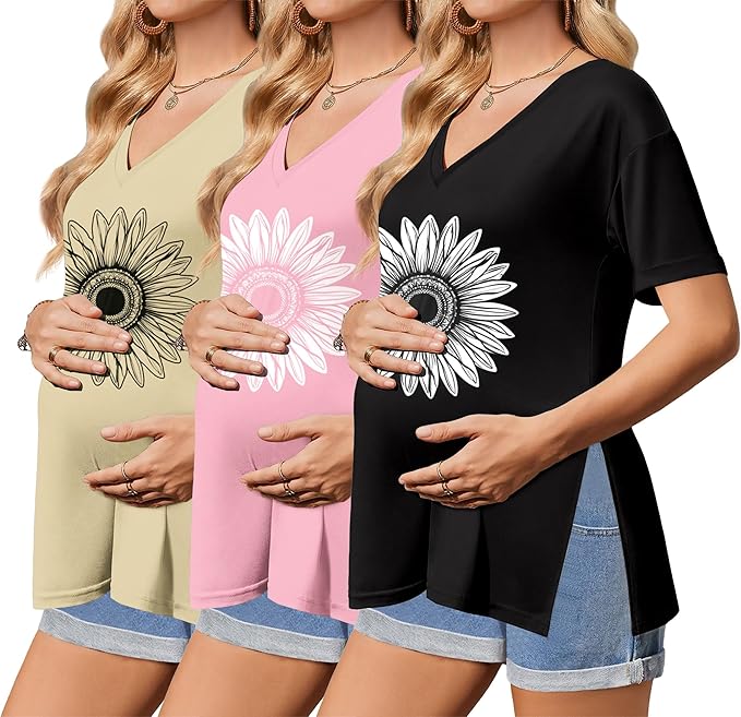 Ekouaer 3 Packs Women's Maternity Shirts V Neck Pregnancy Tops Short Sleeve Casual Workout Tees Side Split Mama Clothes