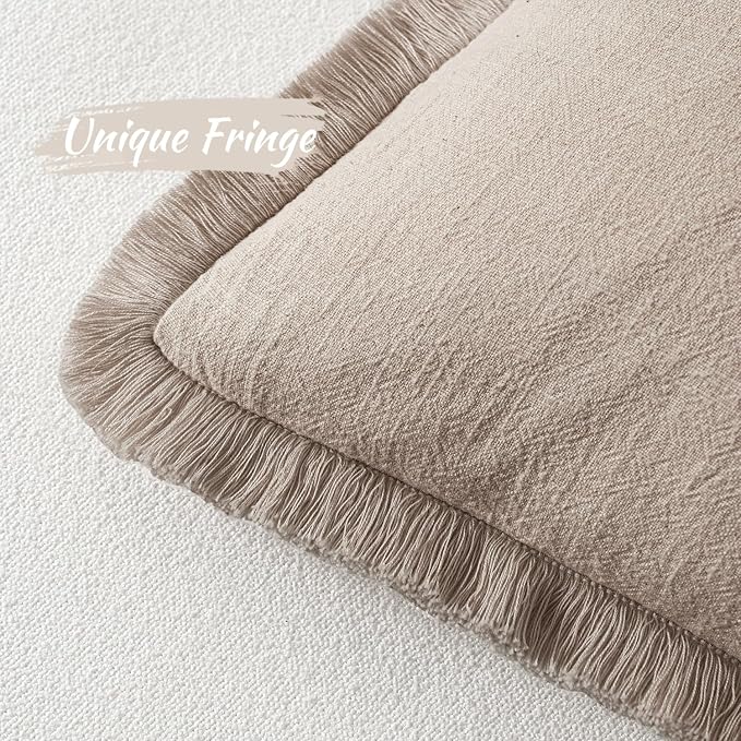 MIULEE Boho Natural Linen Fringe Decorative Euro Throw Pillow Covers 26x26 | Set of 2, Cottagecore Decor, Boho Farmhouse Neutral Pillow Covers, Rustic Couch Cushion Cases for Sofa Bed Living Room
