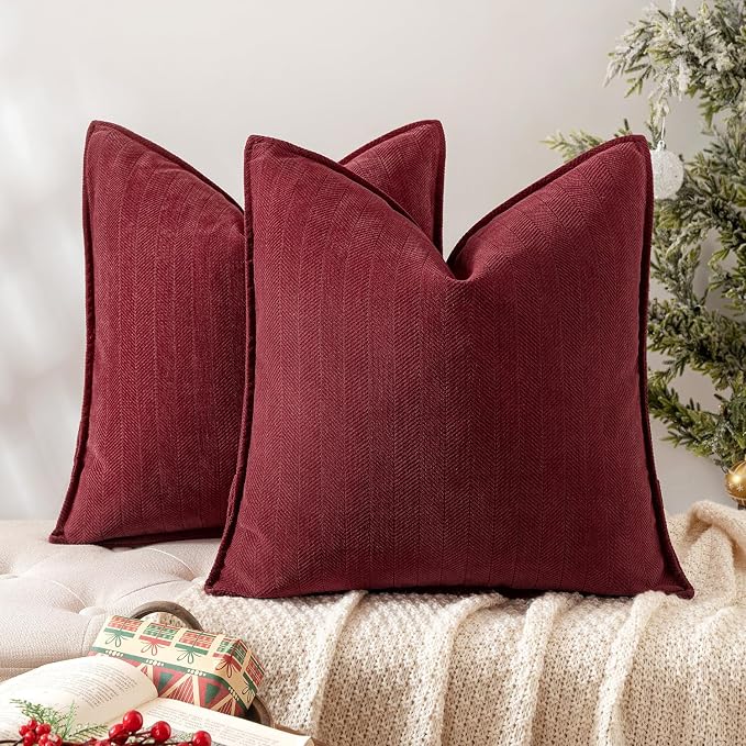 MIULEE Pack of 2 Burgundy Decorative Chenille Pillow Covers 20x20 Inch | Soft Couch Throw Pillows,Farmhouse Cushion Covers with Elegant Design for Sofa,Bedroom,Living Room,Spring Home Decor
