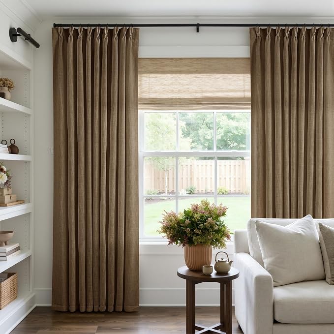 Dutch Cocoa Pinch Pleat Linen Curtains 92 Inches Long 60 Inch Wide 1 Panel | Light Filtering Semi Sheer Privacy, 400GSM Fabric Memory Shape, Pinch Pleated, for Sliding Door Living Room Bedroom, W60xL92