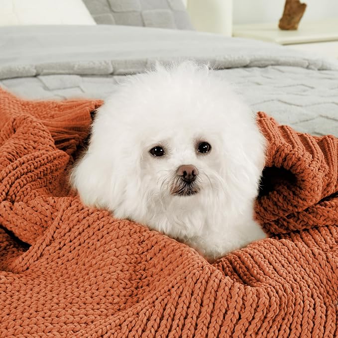 Knit Throw Blanket, Soft Chenille Cozy Breathable Chevron Chunky Decorative Blanket for Couch, Bed & Sofa, French-Inspired Lightweight Warm Gift for Women, Orange, 50"x60"
