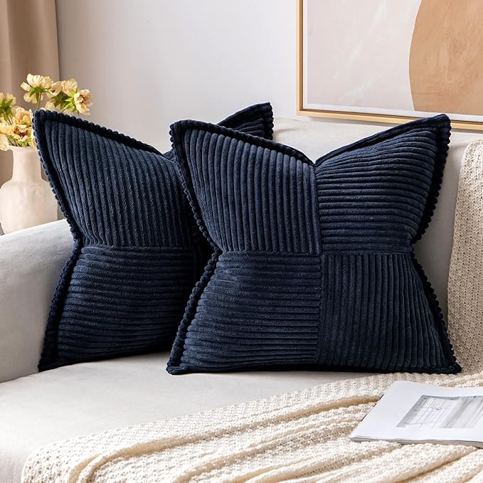 MIULEE Decorative Throw Pillow Covers for Couch 16x16 Inch Navy Blue 2 Pack | Boho Broadside Striped Patchwork Pillow Covers, Soft Corduroy Cushion Cases, For Sofa Bed Livingroom Home Decor