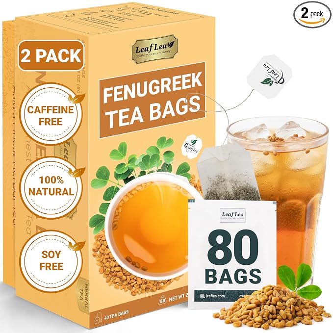LeafLea Fenugreek Tea Bags, Whole Methi Seed Tea, 80 Count Value Pack | Real Fenugreek Seed, Fenogreco Tea, Toasty Nutty Flavor, Caffeine-Free, Non-GMO, Gluten-Free, Foil-Sealed Fresh