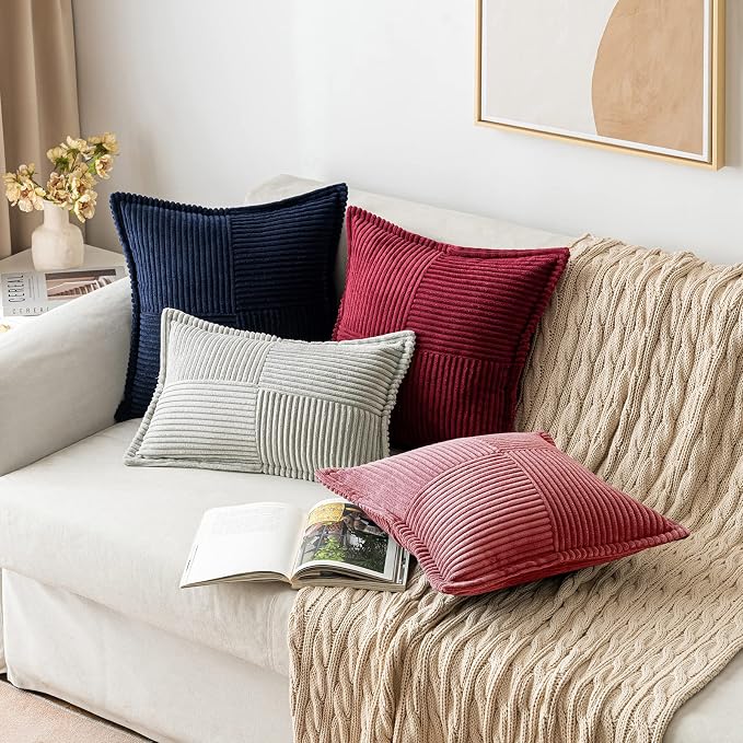 MIULEE Decorative Throw Pillow Covers for Couch 20x20 Inch Cranberry Red | Boho Broadside Striped Patchwork Pillow Covers, Soft Corduroy Cushion Cases, For Sofa Bed Livingroom Home Decor