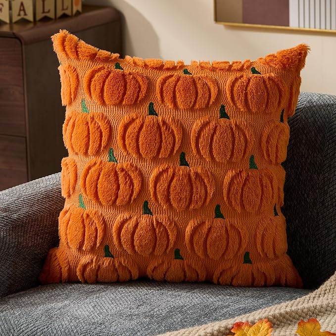 DFXSZ Fall Pillow Covers 18x18 2Pcs Orange Green Pumpkin Fall Decorations | Fall decor Set of 2 Throw Pillow Cases Soft Plush Faux Fur Wool Couch Cushion for Chair Sofa Bedroom Living Room Home Decor