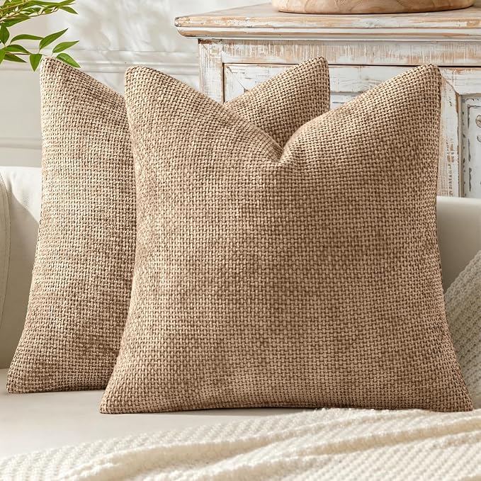 MIULEE Decorative Couch Throw Pillow Covers 20x20 Inch Khaki Camel 2 Pack | Modern Boho Accent, Soft Chenille Pillow Covers, Farmhouse Cushion Cases for Home Decor Bed Sofa Living Room