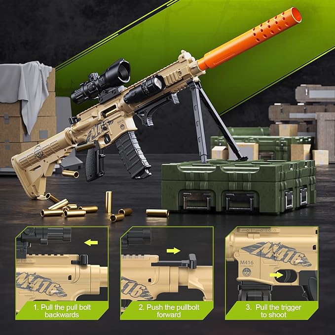 Toy Gun with Soft Bullets Shell Ejecting, Manual Foam Blasters Guns with 60 Bullets, Toy Gun Birthday Gift, Yellow