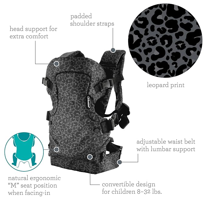 Infantino Flip 4-in-1 Convertible Baby Carrier, Adjustable, Ergonomic Hands Free Babywearing, Registry Essential, Carrier for Newborn to Toddler, Black & Gray Leopard