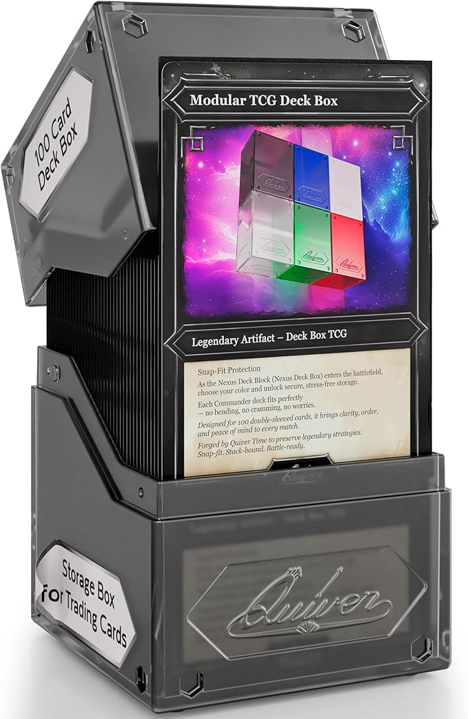 Quiver Time 360° Modular Nexus DeckBlock - Durable Stackable MTG Deck Box for Commander fits 100+ Cards | Stylish 100 Card Deck Box MTG | Interchangeable TCG Decks Boxes (1 pcs, Black)