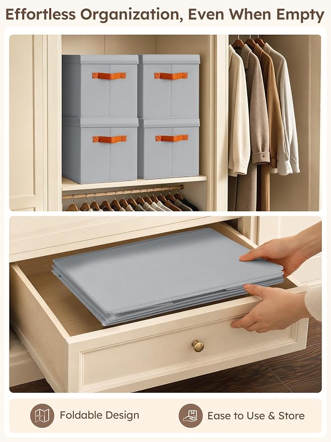 Storage Bins with Lids - Fabric Storage Baskets for Shelves, 4 Pack Foldable Decorative Boxes with Handles, Stackable Organizer Bins for Home, Nursery, Dorm, Grey