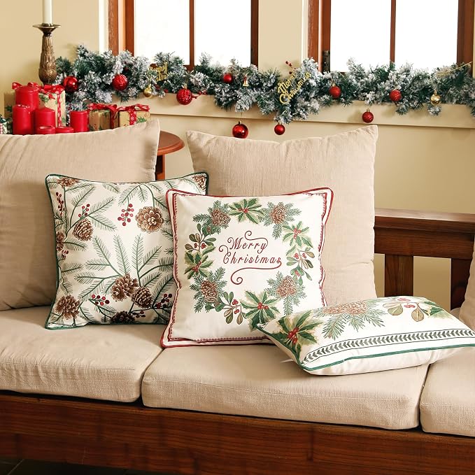 Designer Chrismas Velvet Throw Pillow Cover,18"x18"-Carol A | Vintage Square Pillow Cover,Concealed Zipper Design,Pinecones Pattern,Sofas,Bedroom,Living Room,Lounge Chairs,Decor