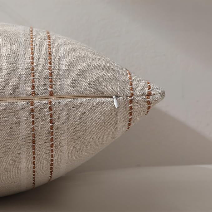 Hckot Rust Throw Pillow Covers 20x20 Set of 2 Striped Fall Pillow Covers Textured Linen Decorative Pillows Square Cushion Covers for Sofa Couch Bed Living Room Farmhouse Decor(Caramel)