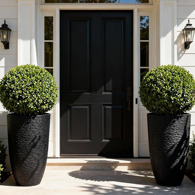 Worth Garden 21" H Tall Planters 2 Pack - 14'' Dia Resin Large Round Black Flower Pots for Outdoor Plants Trees - Imitation Stone Finish Plastic Indoor Front Porch 9 Gallon Decorative Container Patio